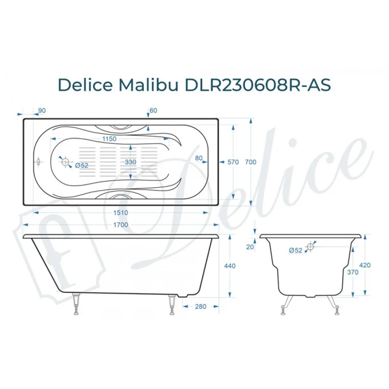 Ванна чугунная Delice Malibu 170х70 с отверстиями под ручки и антискользящим покрытием DLR230608R-AS