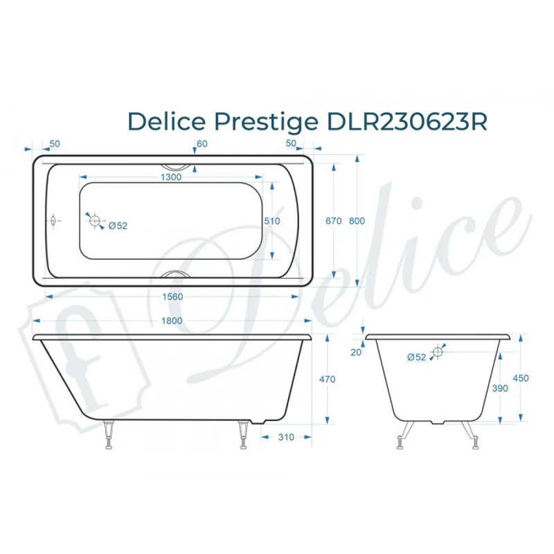 Ванна чугунная Delice Prestige 180х80 с отверстиями под ручки DLR230623R