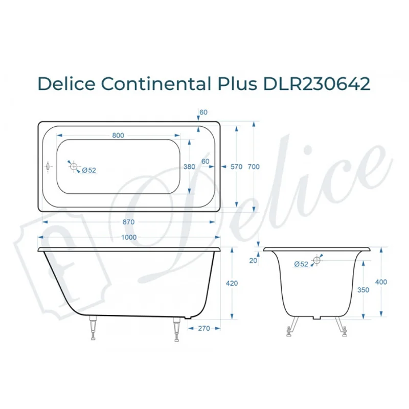 Ванна чугунная Delice Continental PLUS 100х70 DLR230642