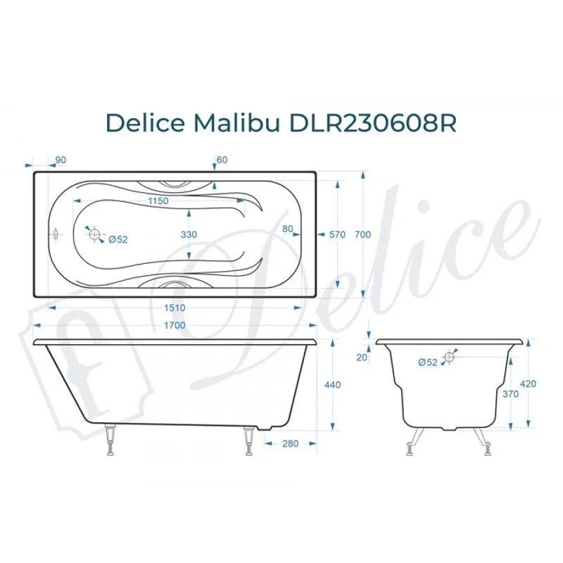 Ванна чугунная Delice Malibu 170х70 с отверстиями под ручки DLR230608R