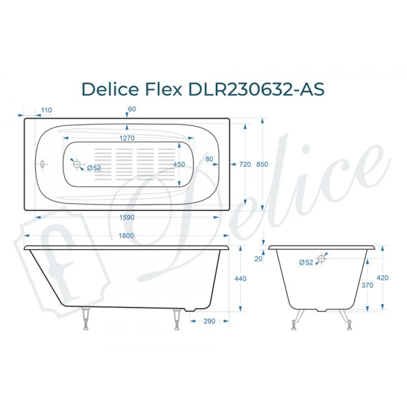 Ванна чугунная Delice Flex 180х85 с антискользящим покрытием DLR230632-AS