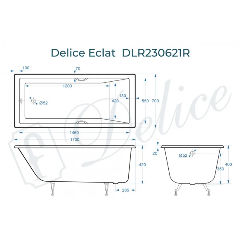 Ванна чугунная Delice Eclat 170х70 с отверстиями под ручки DLR230621R