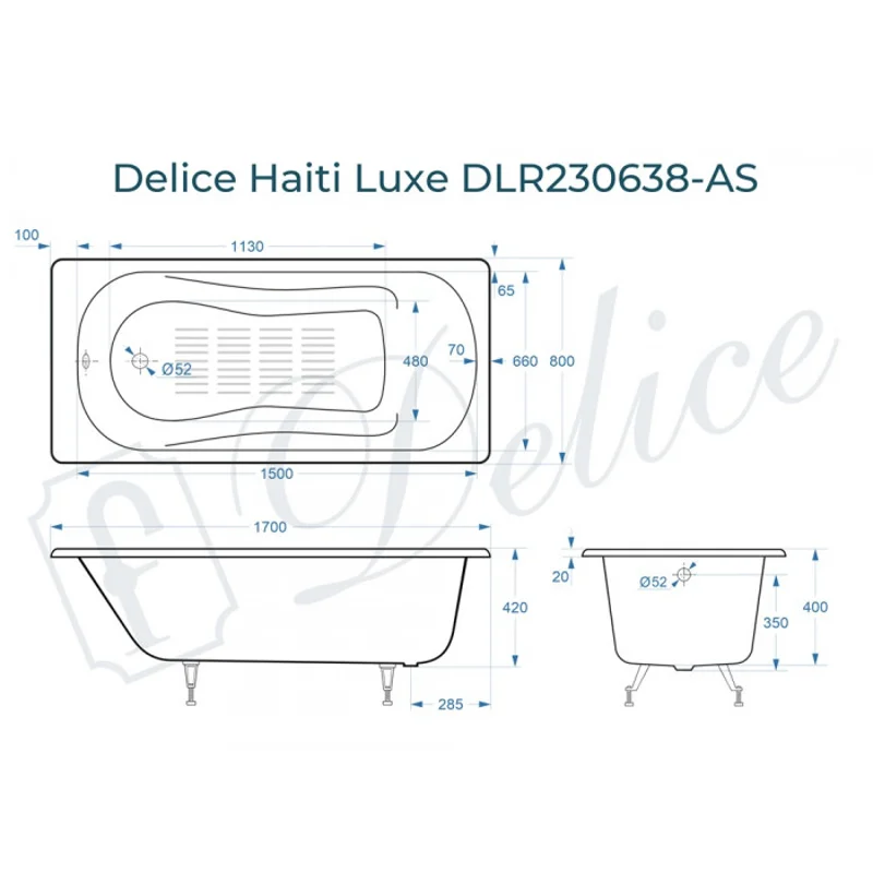 Ванна чугунная Delice Haiti Luxe 170х80 с антискользящим покрытием DLR230638-AS