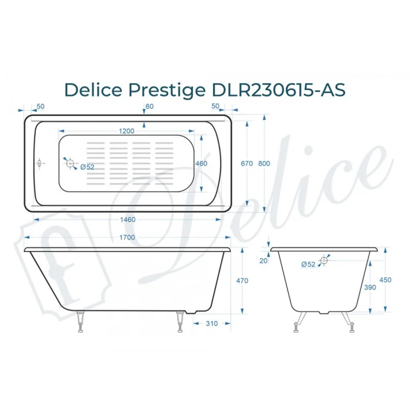 Ванна чугунная Delice Prestige 170х80 с антискользящим покрытием DLR230615-AS