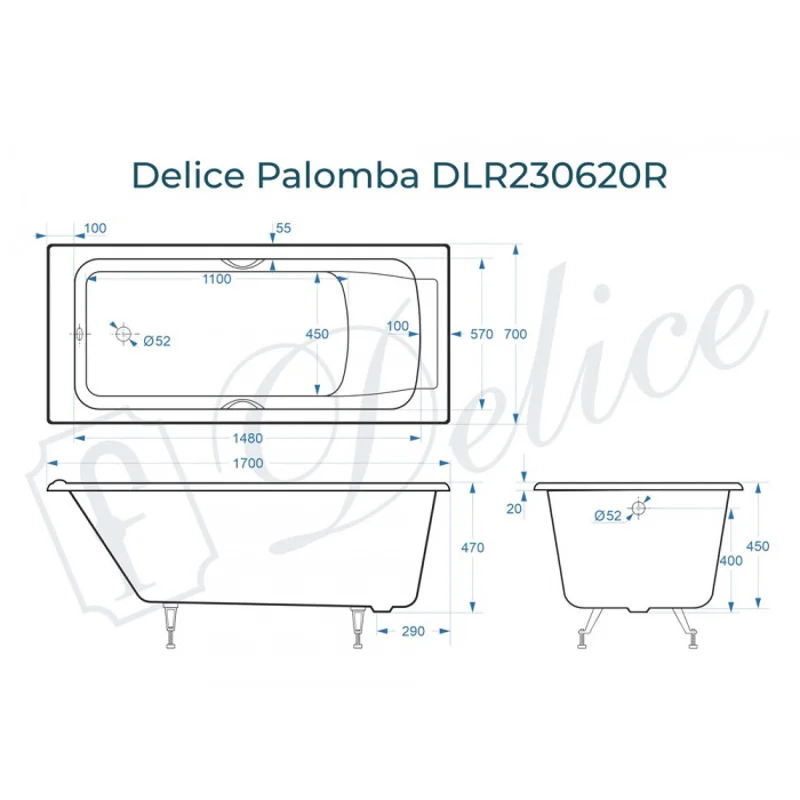 Ванна чугунная Delice Palomba 170х70 с отверстиями под ручки DLR230620R