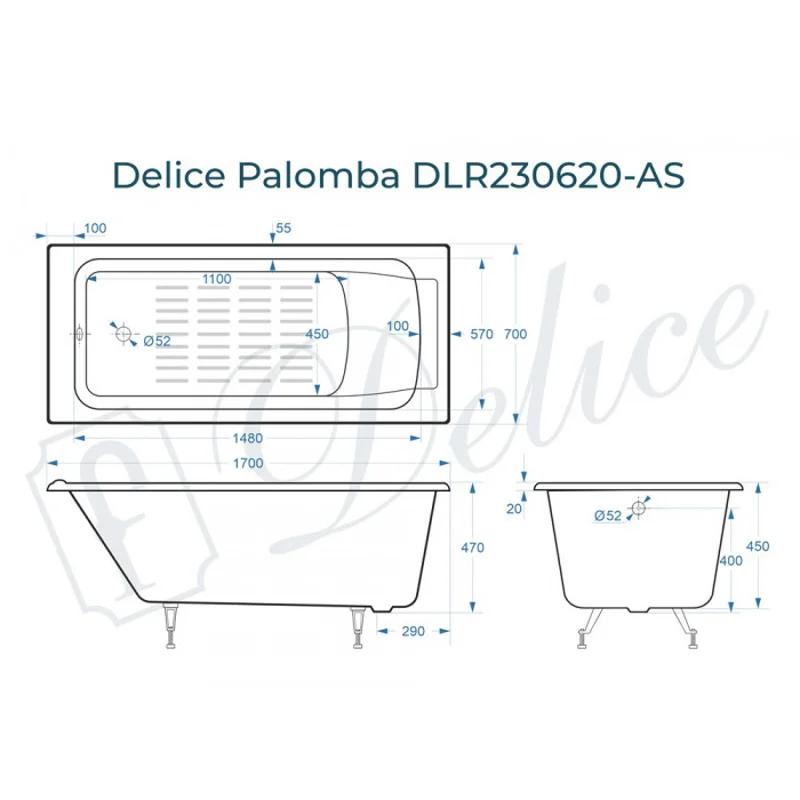 Ванна чугунная Delice Palomba 170х70 с антискользящим покрытием DLR230620-AS