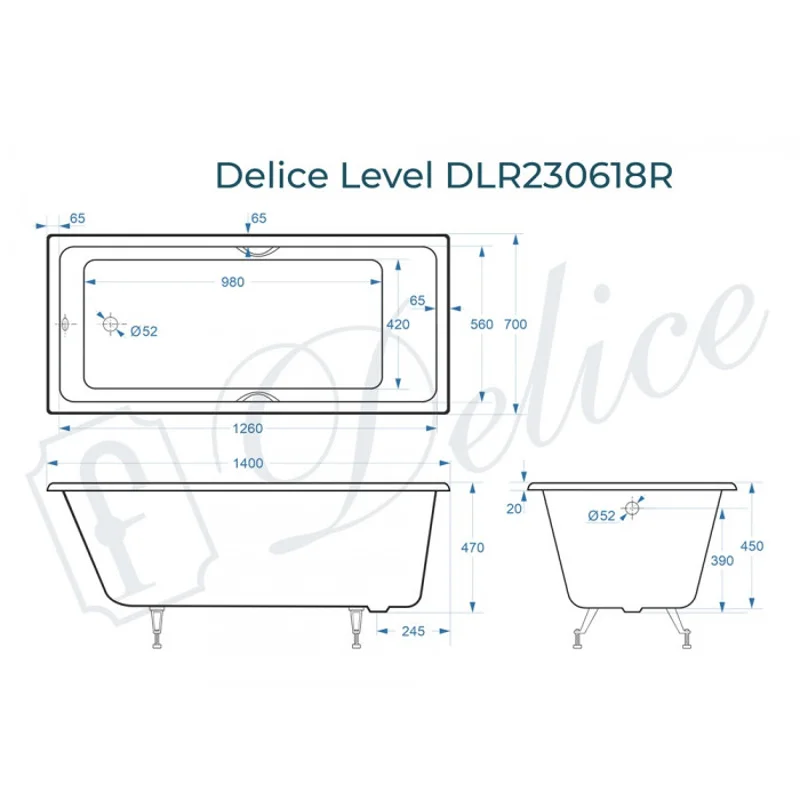 Ванна чугунная Delice Level 140х70 с отверстиями под ручки DLR230618R