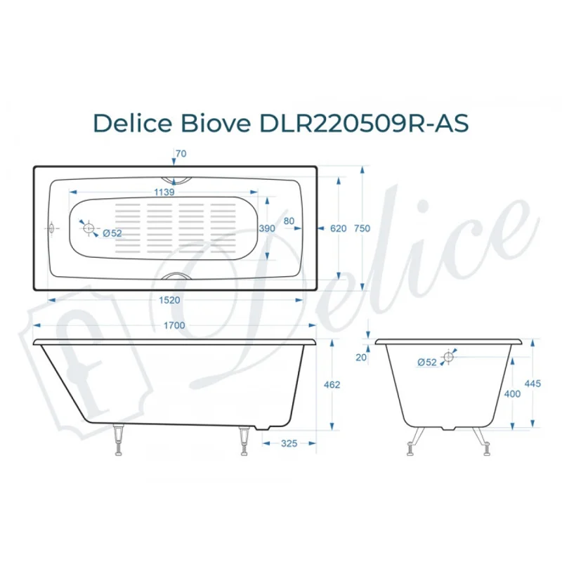 Ванна чугунная Delice Biove 170х75 с ручками и антискользящим покрытием DLR220509R-AS
