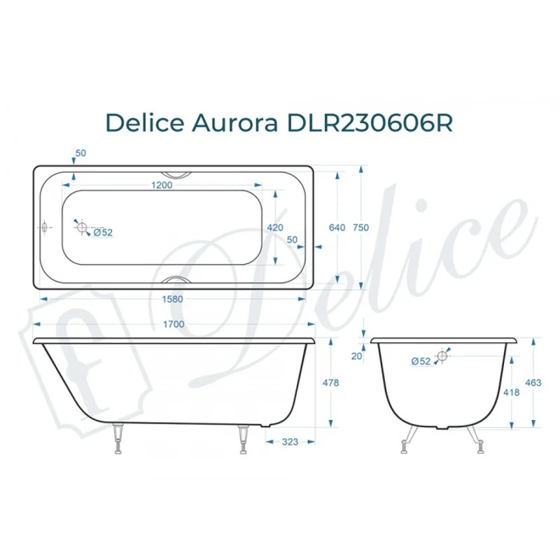 Ванна чугунная Delice Aurora 170х75 с отверстиями под ручки DLR230606R