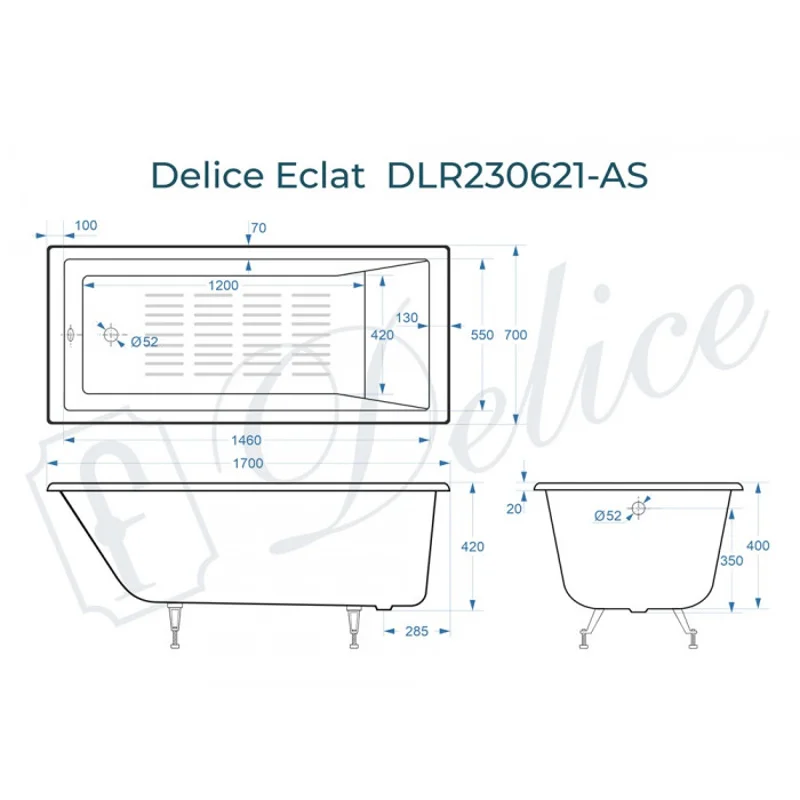 Ванна чугунная Delice Eclat 170х70 с антискользящим покрытием DLR230621-AS