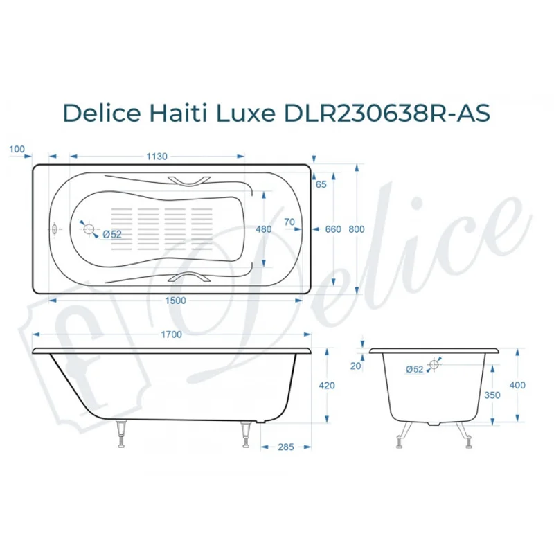 Ванна чугунная Delice Haiti Luxe 170х80 с отверстиями под ручки и антискользящим покрытием DLR230638R-AS