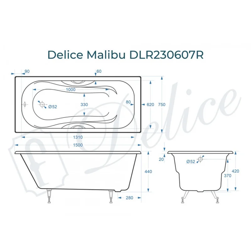 Ванна чугунная Delice Malibu 150х75 с отверстиями под ручки DLR230607R