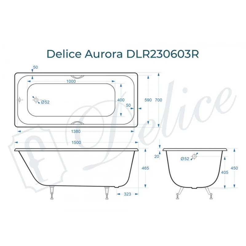 Ванна чугунная Delice Aurora 150х70 с отверстиями под ручки DLR230603R