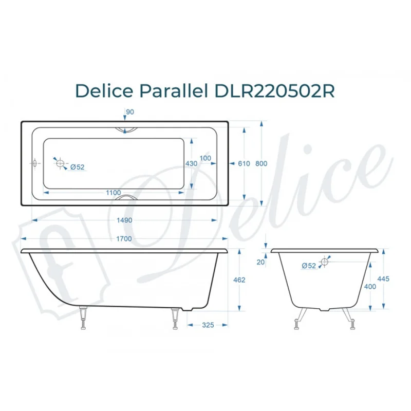 Ванна чугунная Delice Parallel 170х80 с черными матовыми ручками DLR220502RB
