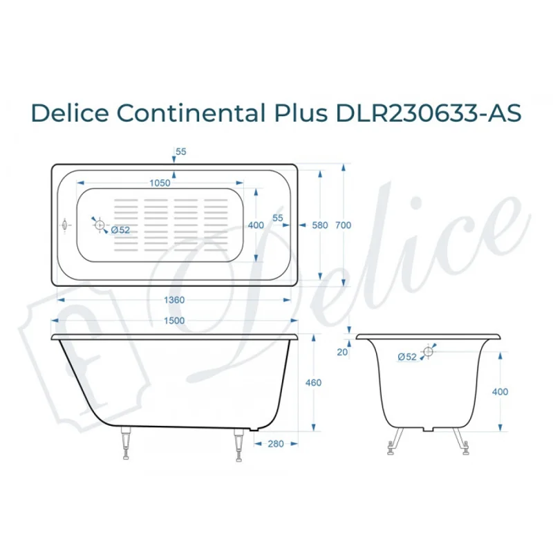 Ванна чугунная Delice Continental PLUS 150х70 с антискользящим покрытием DLR230633-AS