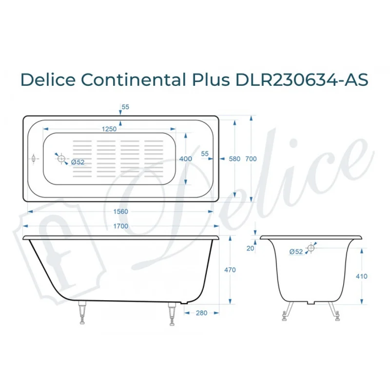 Ванна чугунная Delice Continental PLUS 170х70 с антискользящим покрытием DLR230634-AS