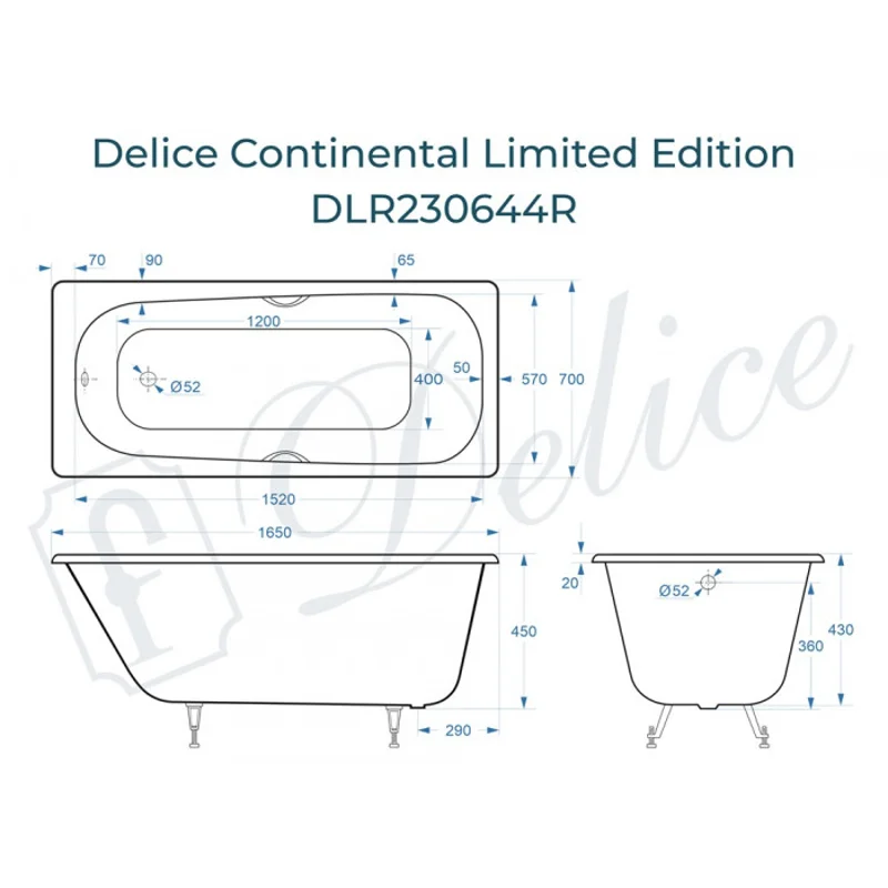 Ванна чугунная Delice Continental Limited Edition 165х70 с отверстиями под ручки DLR230644R