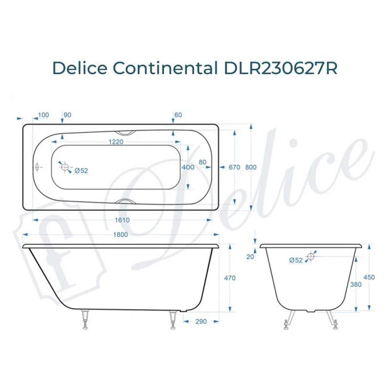 Ванна чугунная Delice Continental 180х80 с отверстиями под ручки DLR230627R