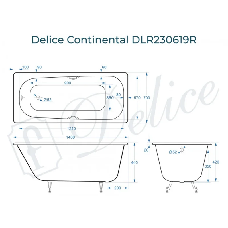 Ванна чугунная Delice Continental 140х70 с отверстиями под ручки DLR230619R