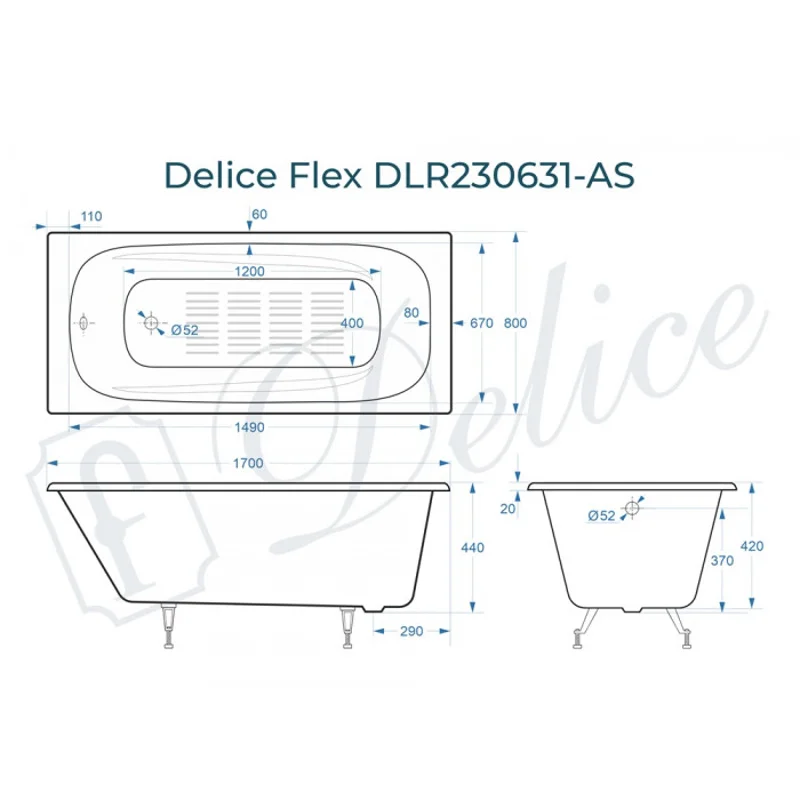 Ванна чугунная Delice Flex 170х80 с антискользящим покрытием DLR230631-AS
