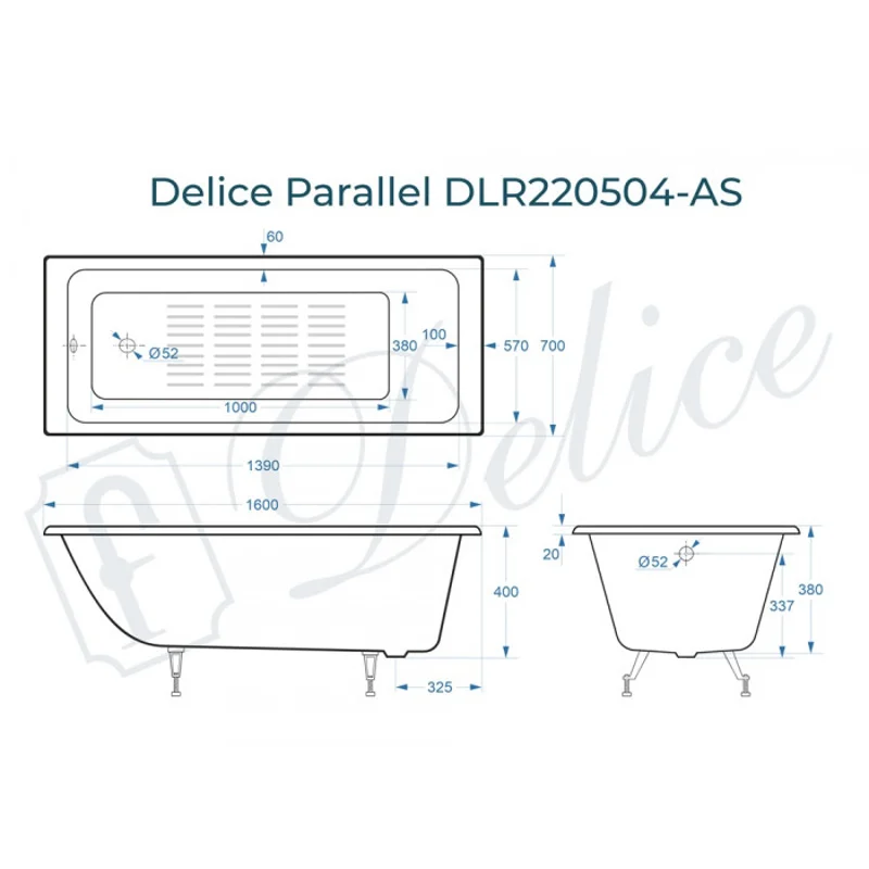 Ванна чугунная Delice Parallel 160х70 с антискользящим покрытием DLR220504-AS