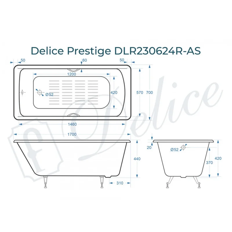 Ванна чугунная Delice Prestige 170х70 с отверстиями под ручки и антискользящим покрытием DLR230624R-AS