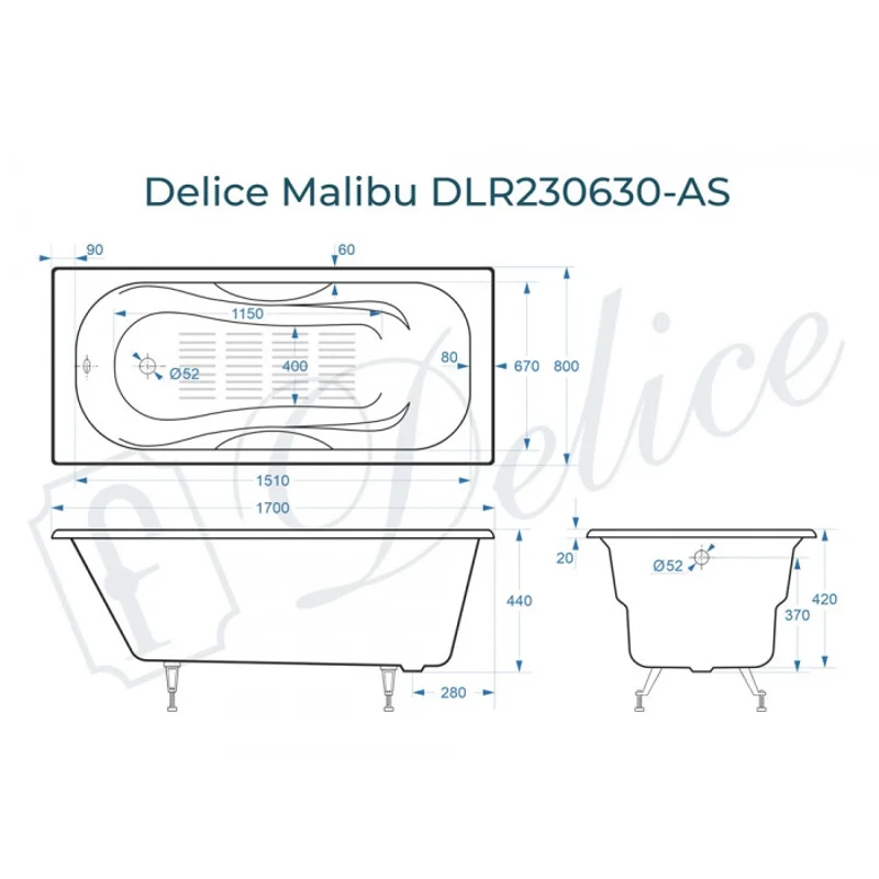 Ванна чугунная Delice Malibu 170х80 с антискользящим покрытием DLR230630-AS