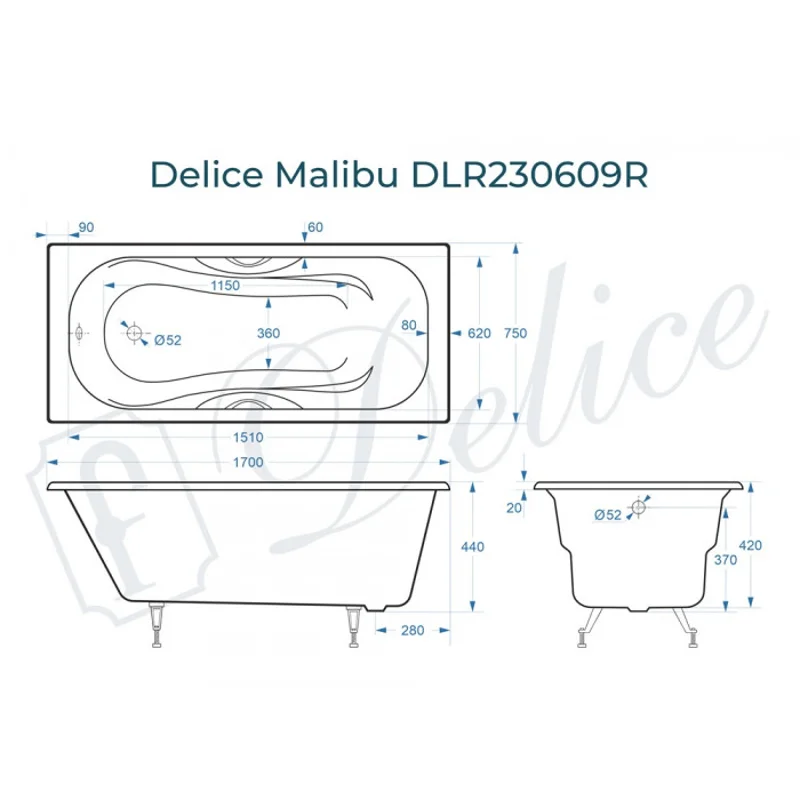 Ванна чугунная Delice Malibu 170х75 с отверстиями под ручки DLR230609R