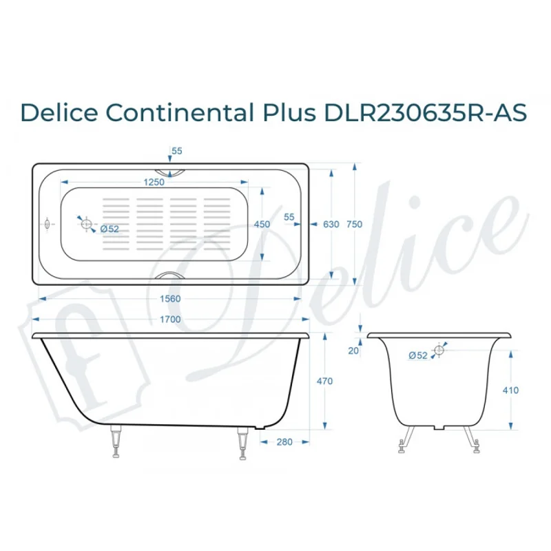 Ванна чугунная Delice Continental PLUS 170х75 с отверстиями под ручки и антискользящим покрытием DLR230635R-AS