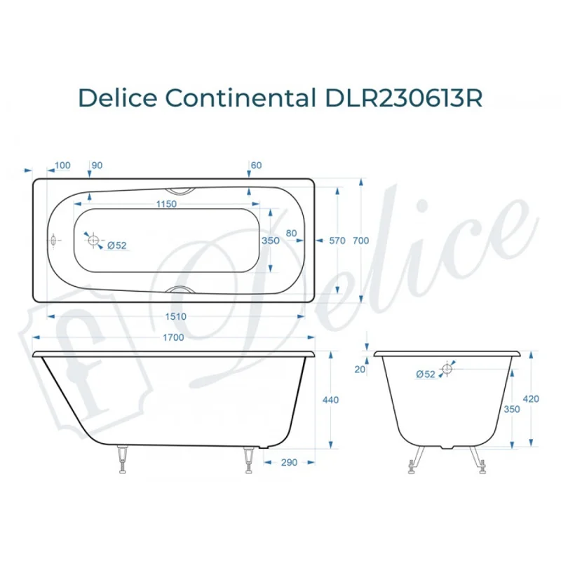 Ванна чугунная Delice Continental 170х70 с отверстиями под ручки DLR230613R
