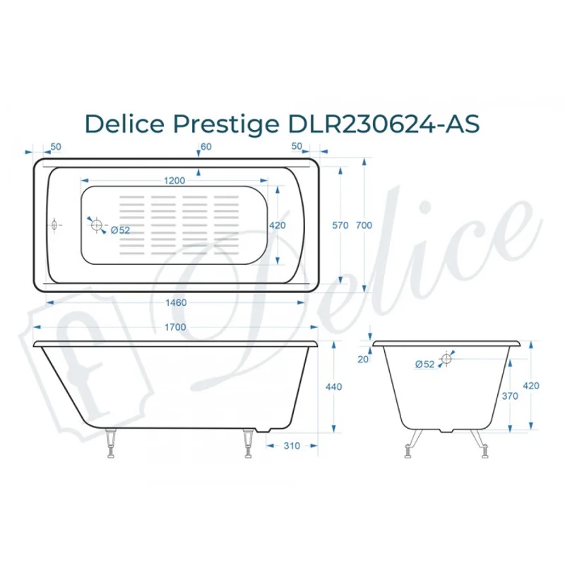 Ванна чугунная Delice Prestige 170х70 с антискользящим покрытием DLR230624-AS