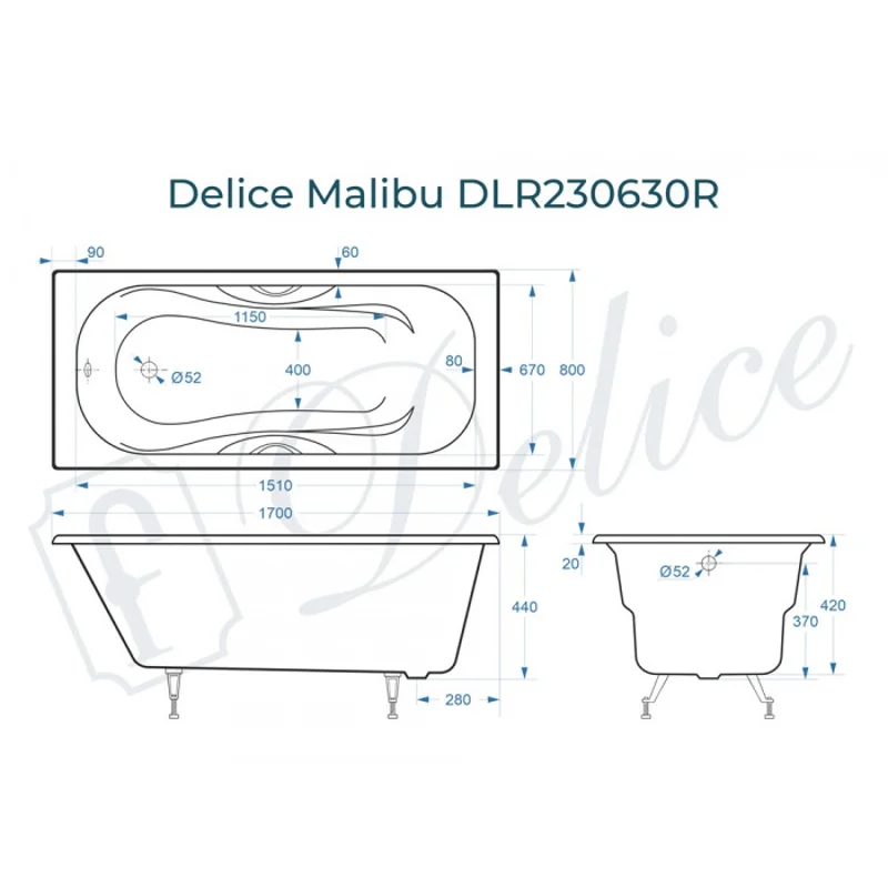 Ванна чугунная Delice Malibu 170х80 с отверстиями под ручки DLR230630R