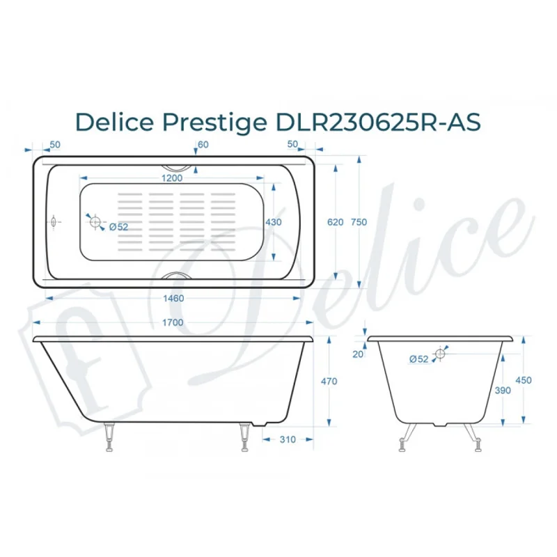 Ванна чугунная Delice Prestige 170х75 с отверстиями под ручки и антискользящим покрытием DLR230625R-AS