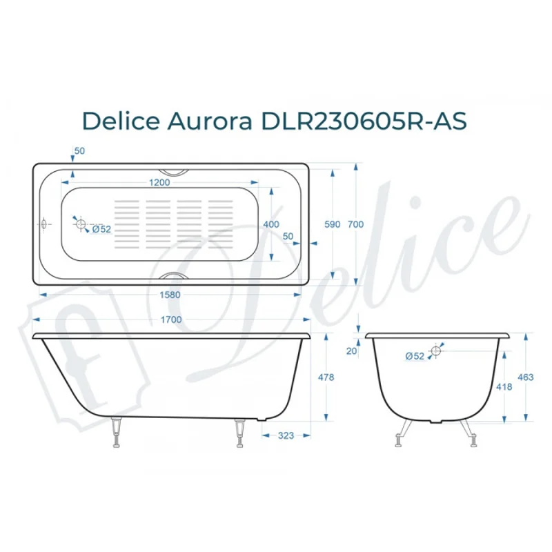 Ванна чугунная Delice Aurora 170х70 с отверстиями под ручки и антискользящим покрытием DLR230605R-AS