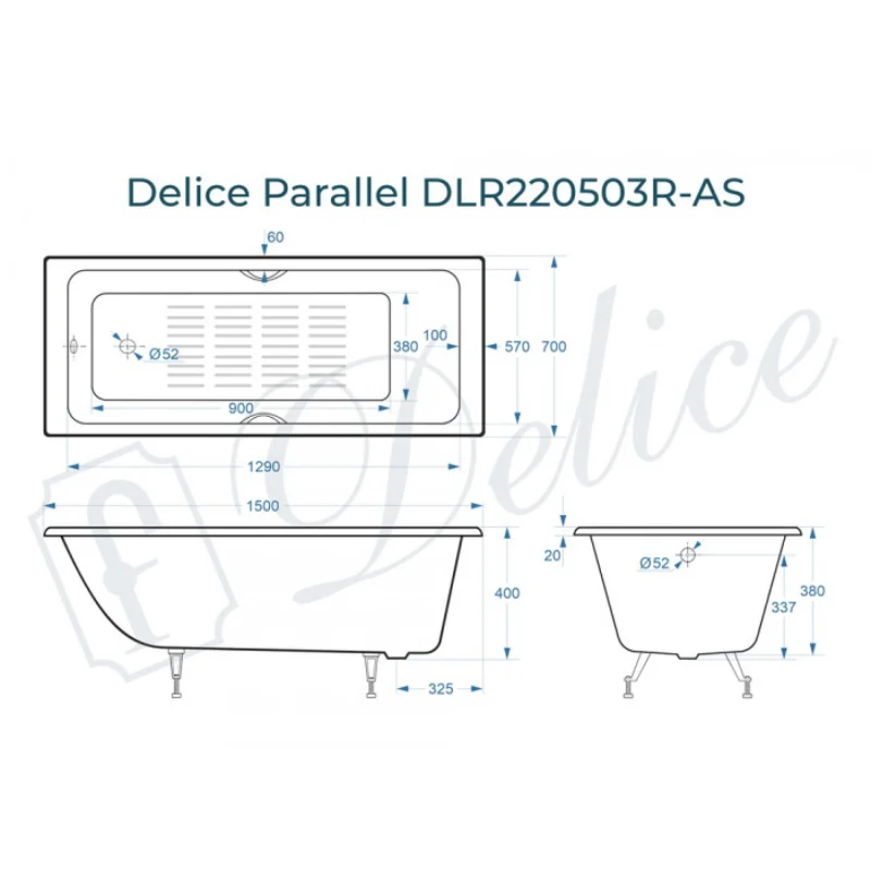 Ванна чугунная Delice Parallel 150х70 с черными матовыми ручками и антискользящим покрытием DLR220503RB-AS