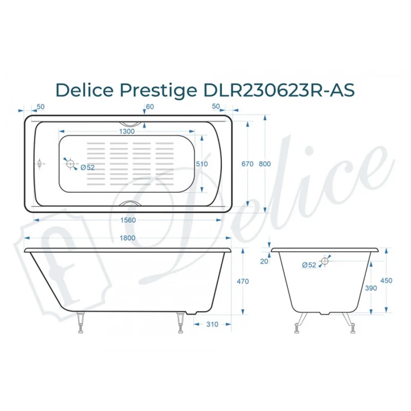 Ванна чугунная Delice Prestige 180х80 с отверстиями под ручки и антискользящим покрытием DLR230623R-AS