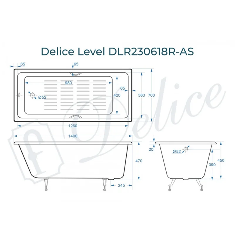 Ванна чугунная Delice Level 140х70 с отверстиями под ручки и антискользящим покрытием DLR230618R-AS