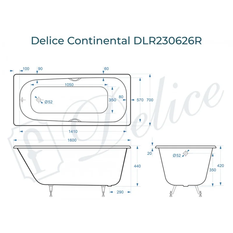 Ванна чугунная Delice Continental 160х70 с отверстиями под ручки DLR230626R
