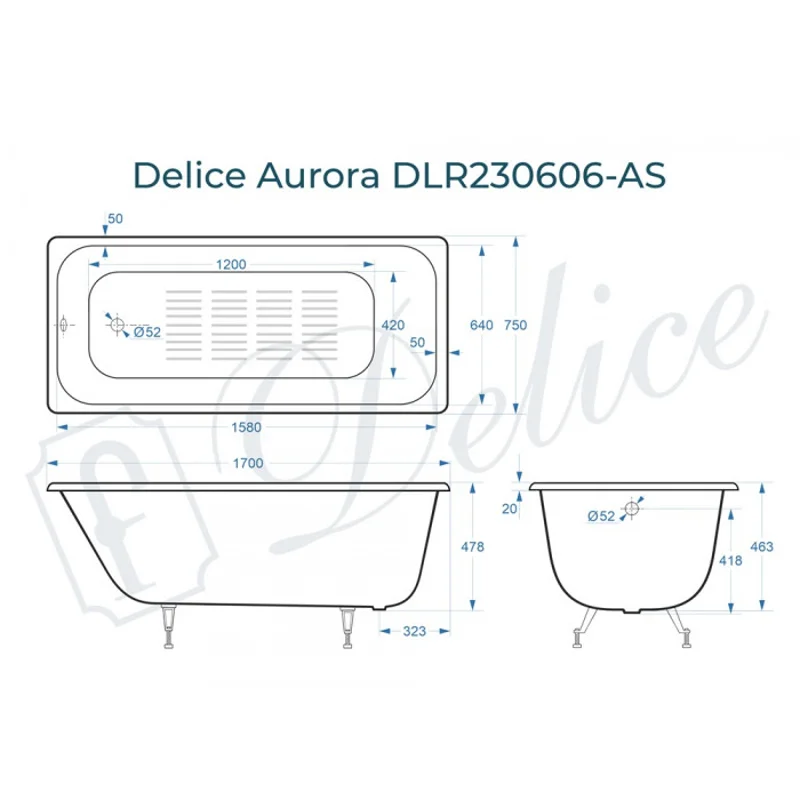 Ванна чугунная Delice Aurora 170х75 с антискользящим покрытием DLR230606-AS