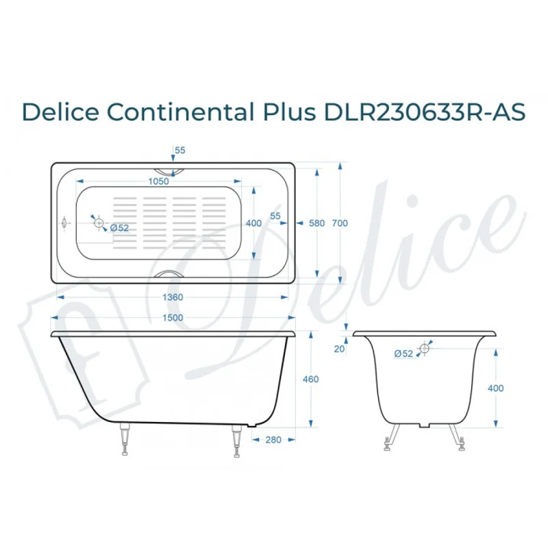 Ванна чугунная Delice Continental PLUS 150х70 с отверстиями под ручки и антискользящим покрытием DLR230633R-AS