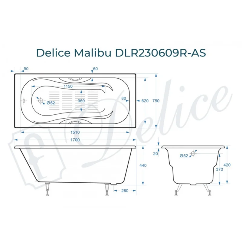 Ванна чугунная Delice Malibu 170х75 с отверстиями под ручки и антискользящим покрытием DLR230609R-AS