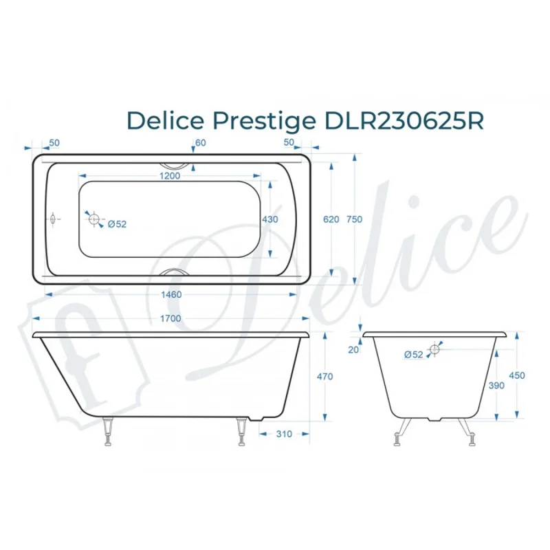 Ванна чугунная Delice Prestige 170х75 с отверстиями под ручки DLR230625R