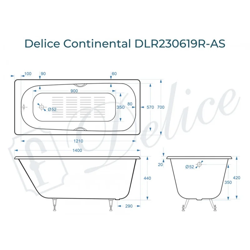 Ванна чугунная Delice Continental 140х70 с отверстиями под ручки и антискользящим покрытием DLR230619R-AS