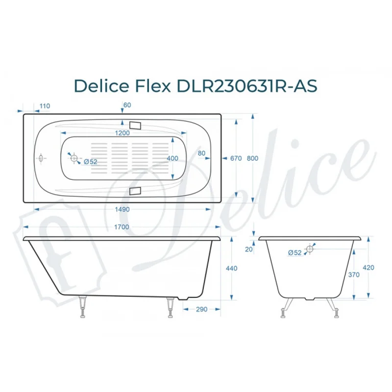 Ванна чугунная Delice Flex 170х80 с отверстиями под ручки и антискользящим покрытием DLR230631R-AS