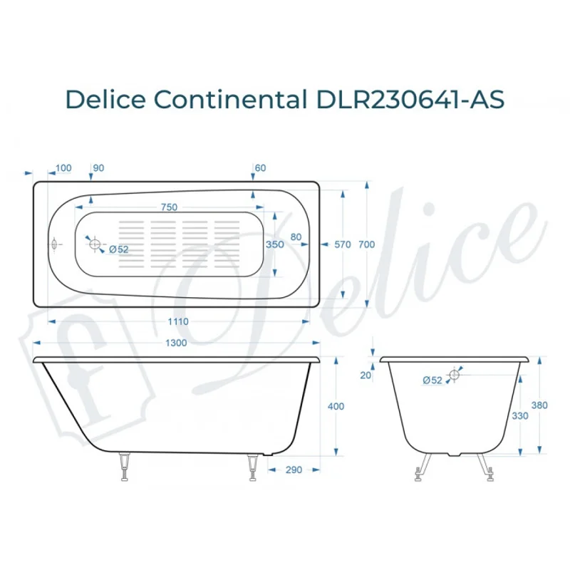 Ванна чугунная Delice Continental 130х70 с антискользящим покрытием DLR230641-AS