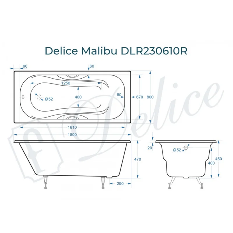 Ванна чугунная Delice Malibu 180х80 с отверстиями под ручки DLR230610R
