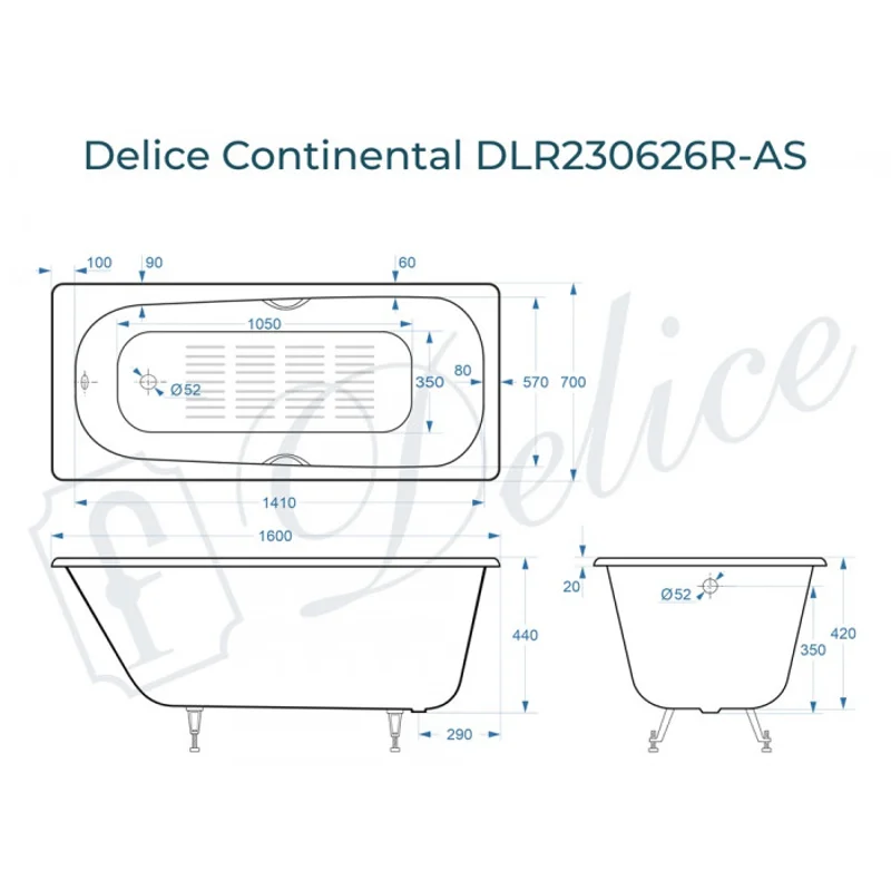 Ванна чугунная Delice Continental 160х70 с отверстиями под ручки и антискользящим покрытием DLR230626R-AS