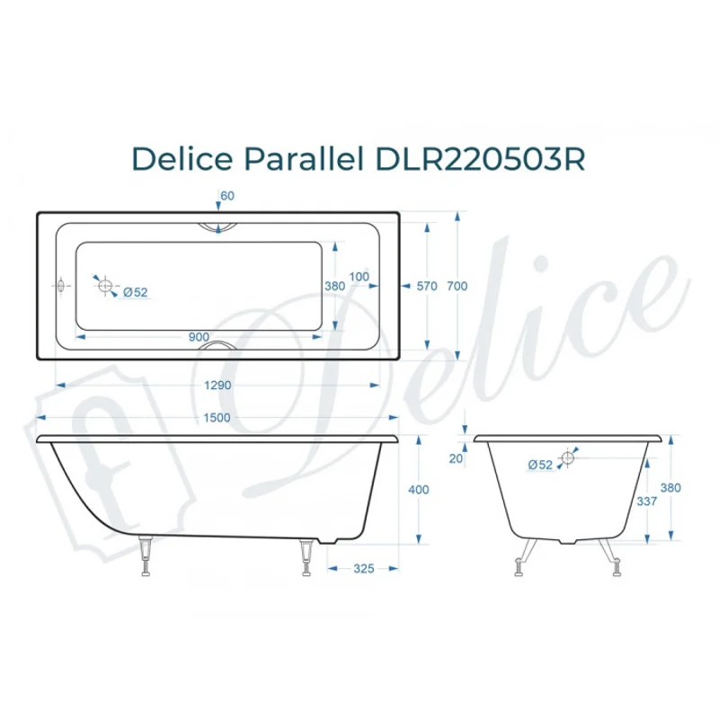 Ванна чугунная Delice Parallel 150х70 с черными матовыми ручками DLR220503RB