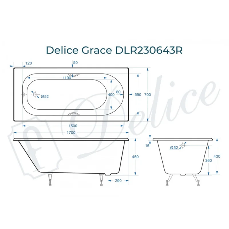 Ванна чугунная Delice Grace 170х70 с отверстиями под ручки DLR230643R