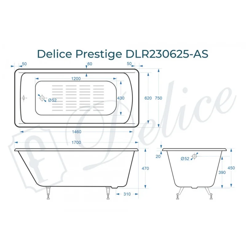 Ванна чугунная Delice Prestige 170х75 с антискользящим покрытием DLR230625-AS